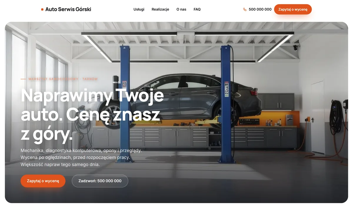 Projekt demo: strona warsztatu samochodowego — auto na podnośniku, nagłówek „Naprawimy Twoje auto. Cenę znasz z góry.