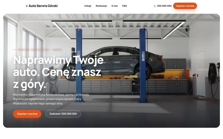 Projekt demo: strona warsztatu samochodowego z nagłówkiem „Naprawimy Twoje auto. Cenę znasz z góry.”