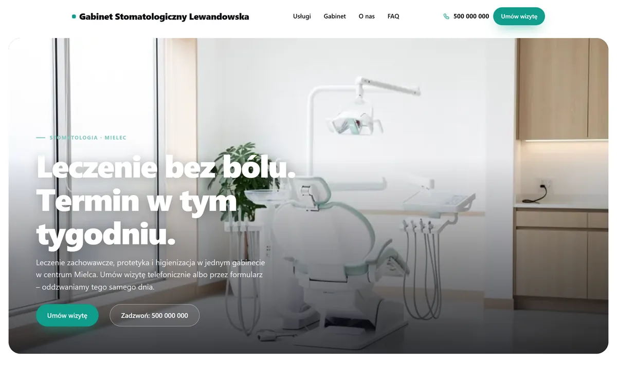 Projekt demo: strona gabinetu stomatologicznego — fotel dentystyczny, nagłówek „Leczenie bez bólu. Termin w tym tygodniu.
