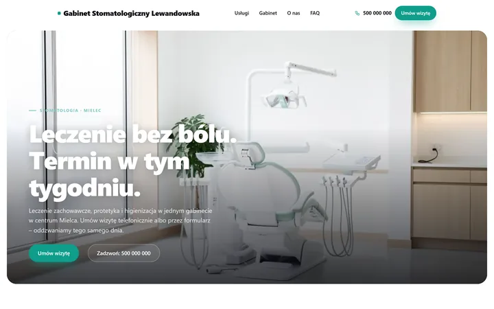 Projekt demo: strona gabinetu stomatologicznego z nagłówkiem „Leczenie bez bólu. Termin w tym tygodniu.”