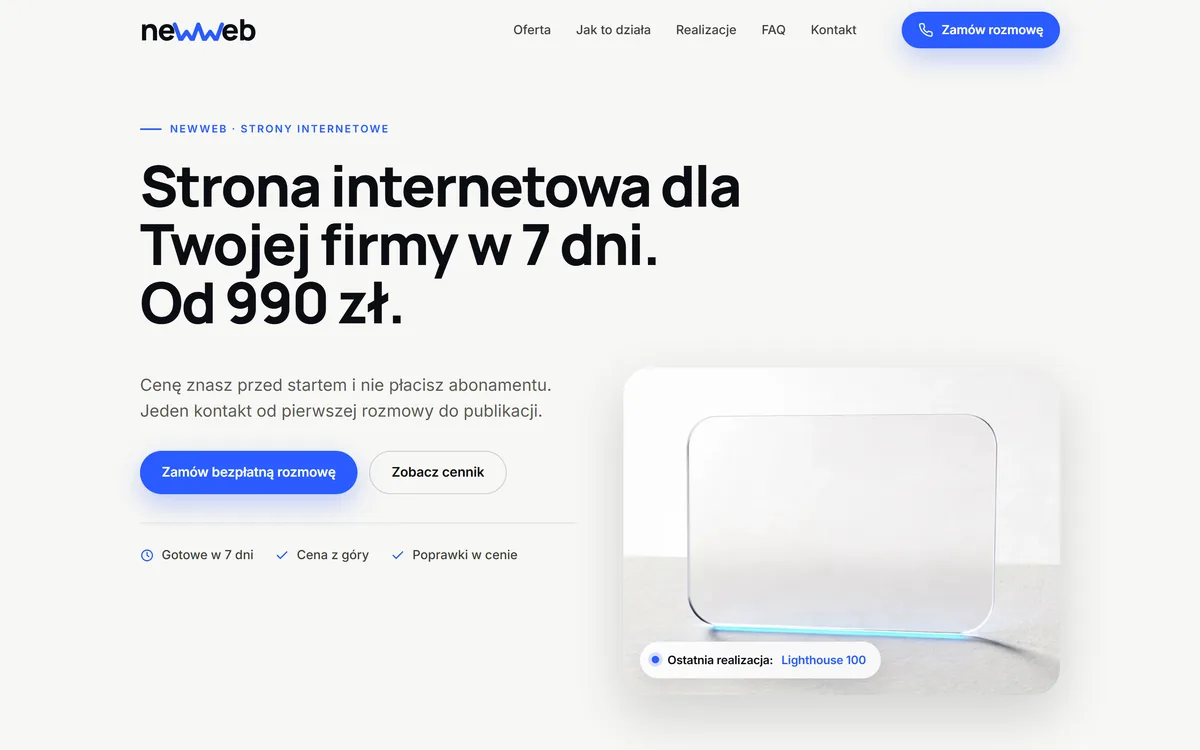 Pierwsza wersja strony NewWeb na komputerze: nagłówek o stronie w 7 dni i stos trzech zrzutów stron