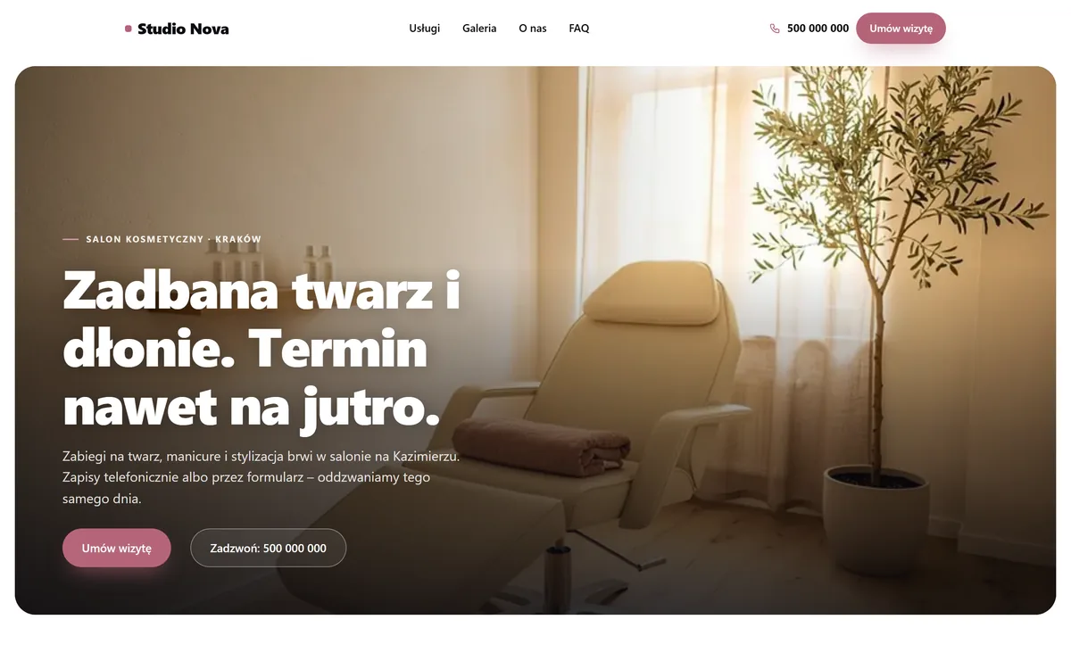 Projekt demo: strona salonu kosmetycznego — fotel zabiegowy w ciepłym świetle, nagłówek „Zadbana twarz i dłonie. Termin nawet na jutro.